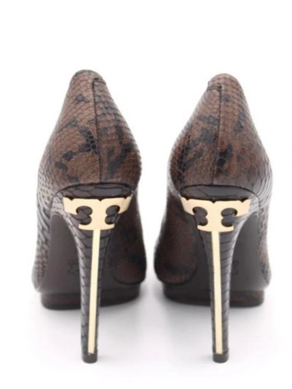 Tory Burch Jude Brown Snake Print Pumps with Gold Logo Heels